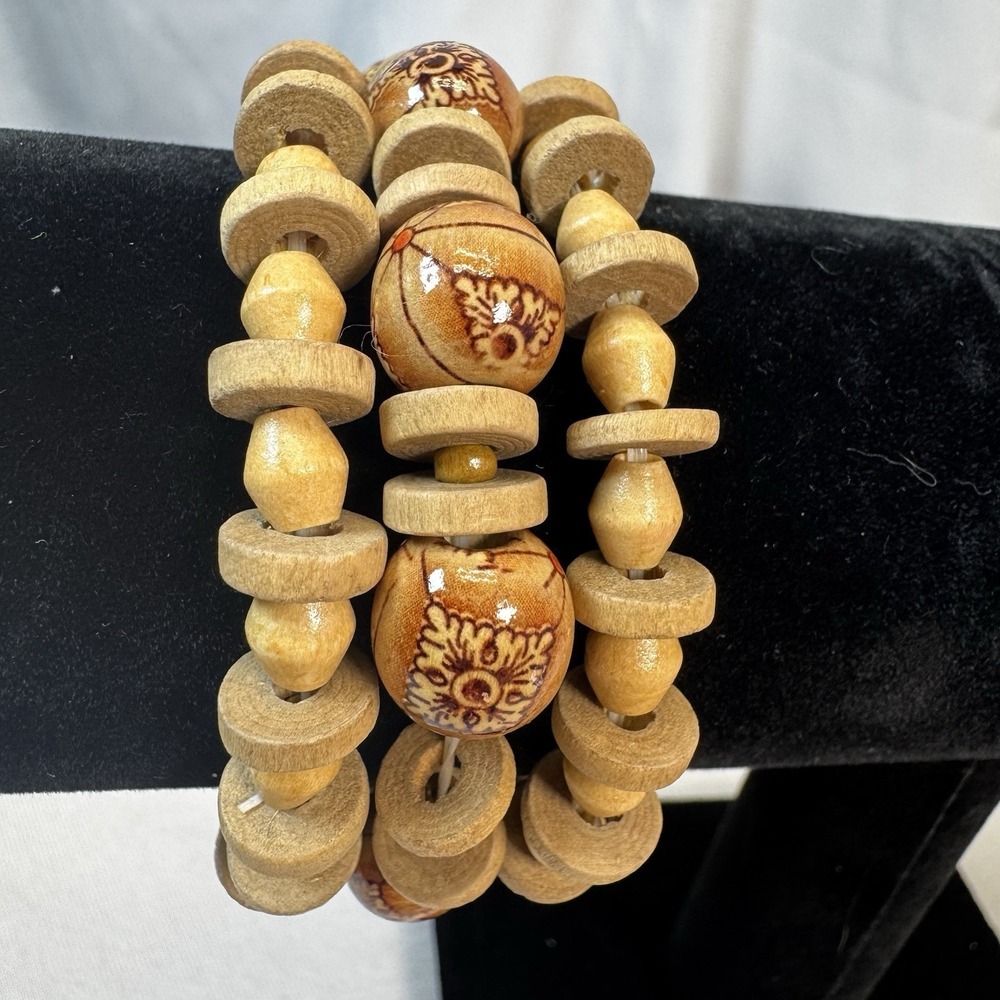 Natural Wood Multi Beaded Boho Minimalist Stretch‎ Bracelet x3